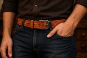 Unisex Genuine Leather Tooled Belt Vintage Floral Western Leather Belt