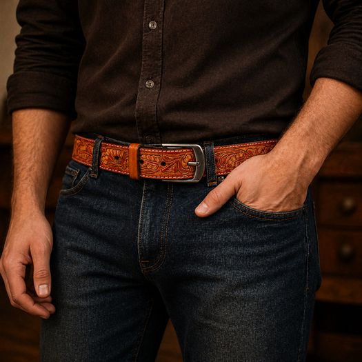 Unisex Genuine Leather Belt Vintage Embossed Design with Antique Buckle Casual & Formal Waist Belt