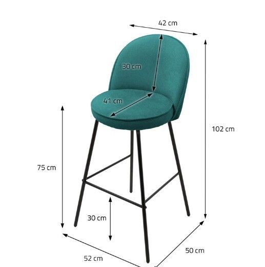 Set of 2 Petrol Upholstered Bar Stools with Backrests and Black Steel Legs