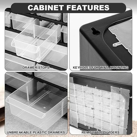 44 Drawer Screw Storage Organiser Cabinet, Wall Mounted Small Parts Storage with Adjustable Dividers, Plastic Tool Drawer Unit for Garage, Workshop & Craft(Black)
