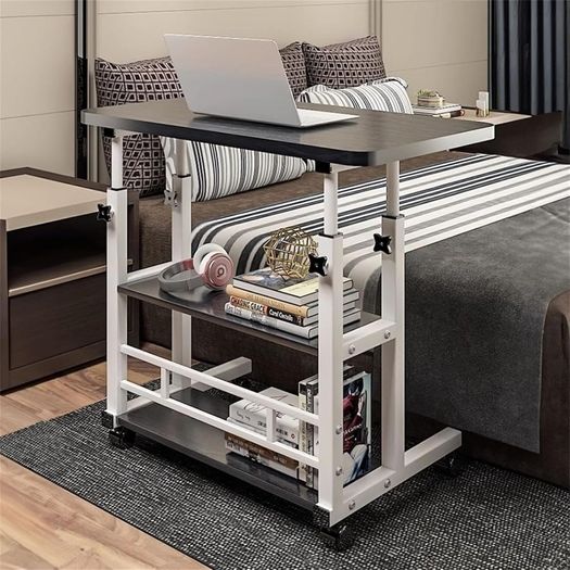 Adjustable Height Computer Desk with Wheels, C Shaped Laptop Table with 2 Shelves, Overbed Table for Bedroom, Sofa, Home Office, Living Room 60x37x60-90cm, Black