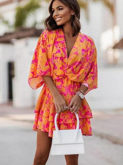 Orange and Pink batwing sleeve dress