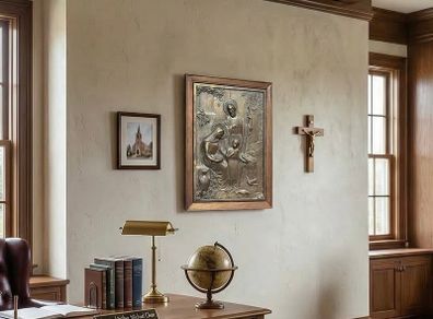 Nice old religious panel made of metal with wood frame