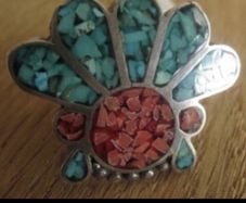 Handmade Sterling Silver Hopi Zuni Headdress Multi Stone Silver Ring- Turquoise and Coral - Vintage