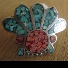 Handmade Sterling Silver Hopi Zuni Headdress Multi Stone Silver Ring- Turquoise and Coral - Vintage