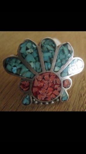 Handmade Sterling Silver Hopi Zuni Headdress Multi Stone Silver Ring- Turquoise and Coral - Vintage