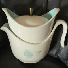 A vintage Taylor, Smith & Taylor "Ever Yours" Boutonniere pattern creamer and covered sugar bowl set