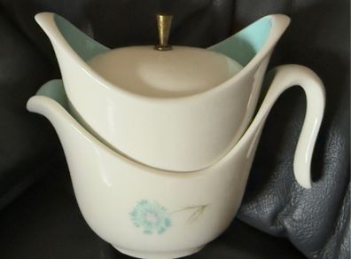 A vintage Taylor, Smith & Taylor "Ever Yours" Boutonniere pattern creamer and covered sugar bowl set