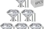 6 PCS Cabinet Knobs with 2 Sizes Screws, 30mm Drawer Handles Crystal Glass Diamond Shaped cupboards Door Knobs for Dresser Drawers and Kitchen, Bathroom Cabinet