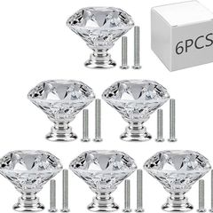 6 PCS Cabinet Knobs with 2 Sizes Screws, 30mm Drawer Handles Crystal Glass Diamond Shaped cupboards Door Knobs for Dresser Drawers and Kitchen, Bathroom Cabinet