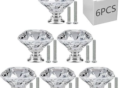 6 PCS Cabinet Knobs with 2 Sizes Screws, 30mm Drawer Handles Crystal Glass Diamond Shaped cupboards Door Knobs for Dresser Drawers and Kitchen, Bathroom Cabinet