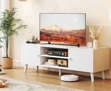 65 Inch TV, Entertainment Center with Adjustable Shelf, TV Console with 2 Cabinets, Media Console, Storage White TV Stand, 4 Cord Holes, for Living Room, Bedroom White