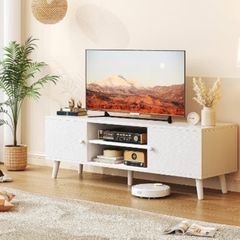 65 Inch TV, Entertainment Center with Adjustable Shelf, TV Console with 2 Cabinets, Media Console, Storage White TV Stand, 4 Cord Holes, for Living Room, Bedroom White