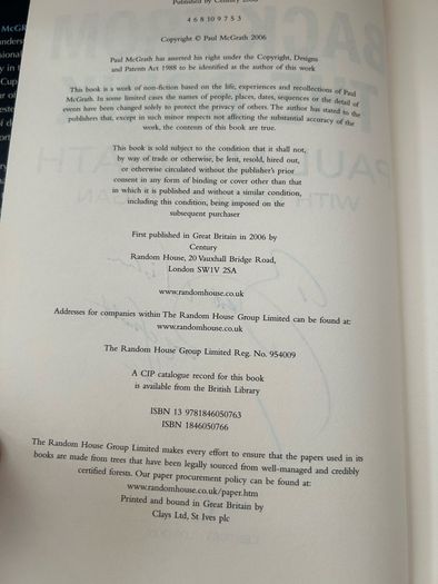 Paul McGrath, Signed Autobiography Back From The Brink, Irish Football Legend