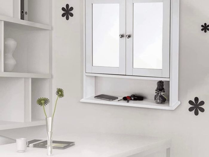 Double Mirror Doors Bathroom Cabinet, Wall Cabinet, Storage Cupboard, Wall-Mounted Storage Unit, Adjustable Height Shelves, 56 x 13 x 58 cm, White (FREE POSTAGE)
