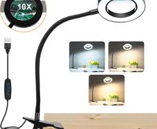 10X Magnifying Glass with 3 Colour Modes LED Lighted Desk Lamp with Metal Clamp Flexible Gooseneck Magnifier for Reading Nail Art