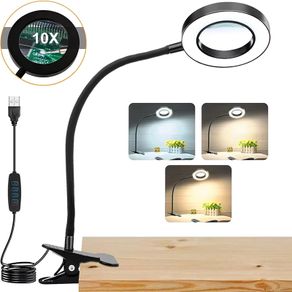 10X Magnifying Glass with 3 Colour Modes LED Lighted Desk Lamp with Metal Clamp Flexible Gooseneck Magnifier for Reading Nail Art