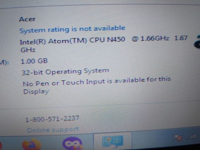 Acer Aspire One, Model D255, Intel Atom N450, 1.66 GHz, 1GB Ram, 250GB HDD, Windows 7, 32 bit, Firefox, Opera, chrome