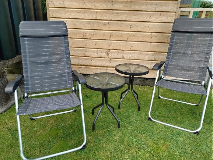 Set of x2 Garden Chairs and x2 Small Glass Top Tables