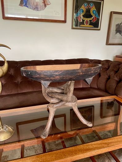 Unique Vintage Wooden African Tribal Art Decor Hand made bowl on Tripod folding Stand