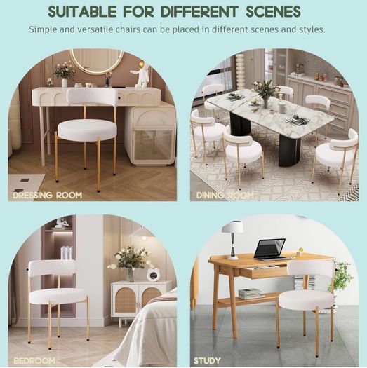 Desk Chair No Wheels Vanity Chair Comfy Accent Chair for Living Dining Room Bedroom Home Office Mid Century Modern Upholstered Armless with Metal Legs (Gold Frame+White, 1)