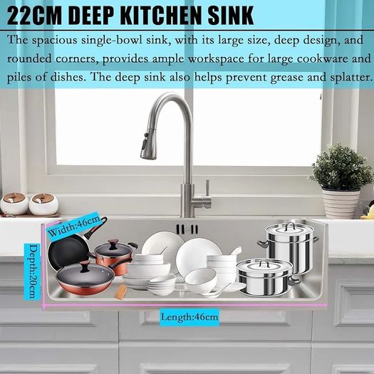 Undermount Single Bowl, 46/46cm Large Kitchen Sink Workstation, T304 Stainless Steel Kitchen Sink with Drain Assembly and Removable Strainer for Easy Cleaning Brushed