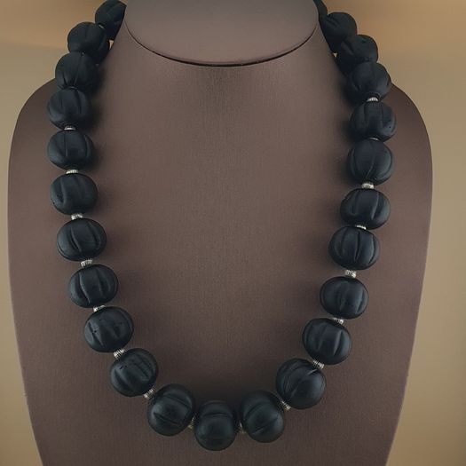 Antique African Style Dark Black Melon Shape Glass Beads Necklace