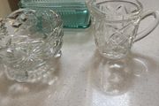 3 pieces of vintage table / dinner ware - A ribbed lidded glass butter dish , vintage 3 footed sugar bowl and cut glass milk jug