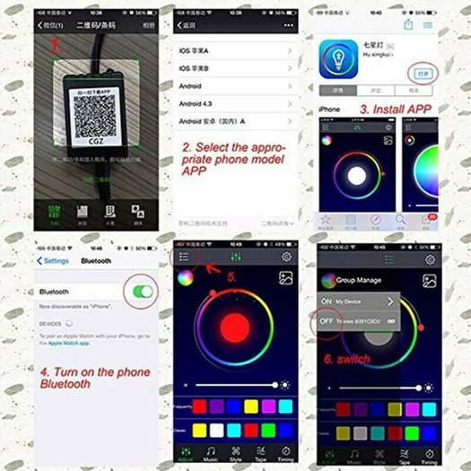 App Smart Phone Control Multi-color RGB LED Car Interior Dash Board Door DIY Atmosphere Lights with 6M Neon Strip Lights