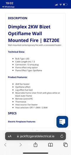 Dimplex wall mounted 2KW optiflame electric heater