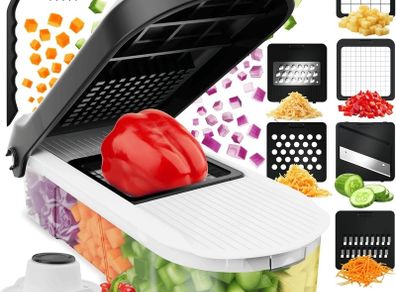 Vegetable Chopper & Mandoline Slicer - Julienne Cutter Dicer Grater for Food Veg Onion Cucumber Tomato Salad Potato Cheese - Kitchen Gadgets & Accessories (Compact 6-in-1, White)