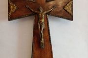 Large French Antique Wood and Brass Crucifix