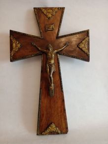 Large French Antique Wood and Brass Crucifix
