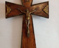 Large French Antique Wood and Brass Crucifix