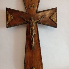 Large French Antique Wood and Brass Crucifix