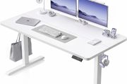 Electric Standing Desk, 120 x 60 cm, White Height Adjustable Desk, 2 Hooks, 4 Memory Heights, 72-118cm, Splice Board, Ergonomic Sit Stand Computer Desk for Home Office