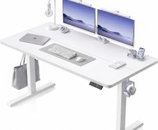 Electric Standing Desk, 120 x 60 cm, White Height Adjustable Desk, 2 Hooks, 4 Memory Heights, 72-118cm, Splice Board, Ergonomic Sit Stand Computer Desk for Home Office