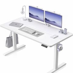 Electric Standing Desk, 120 x 60 cm, White Height Adjustable Desk, 2 Hooks, 4 Memory Heights, 72-118cm, Splice Board, Ergonomic Sit Stand Computer Desk for Home Office