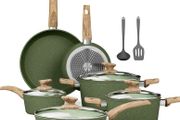 Kitchen Academy Granite Non-Stick Cookware Set 12-Piece, Sage Green Induction Hob Compatible Pots and Pans Set with Frying Pan &amp; Saucepan, PFOA Free