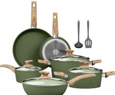 Kitchen Academy Granite Non-Stick Cookware Set 12-Piece, Sage Green Induction Hob Compatible Pots and Pans Set with Frying Pan & Saucepan, PFOA Free