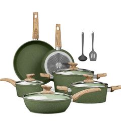 Kitchen Academy Granite Non-Stick Cookware Set 12-Piece, Sage Green Induction Hob Compatible Pots and Pans Set with Frying Pan & Saucepan, PFOA Free