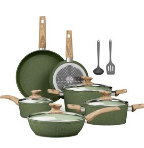 Kitchen Academy Granite Non-Stick Cookware Set 12-Piece, Sage Green Induction Hob Compatible Pots and Pans Set with Frying Pan & Saucepan, PFOA Free