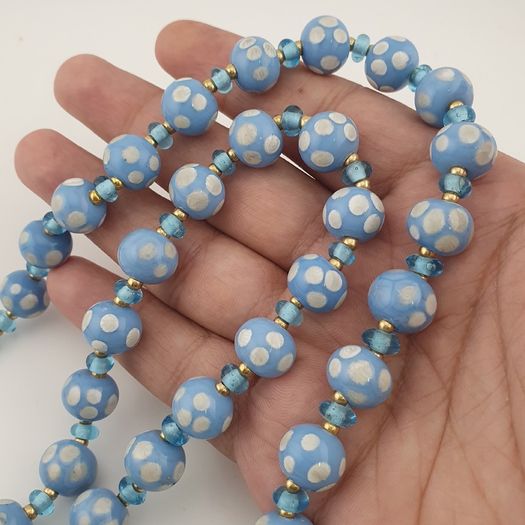 Vintage Venetian Style Light Blue White Dotted Glass Beads Necklace