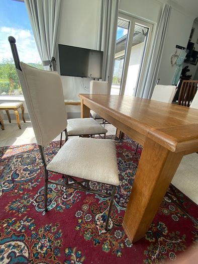 Set of 6 metal frame dining chairs with newly upholstered seats