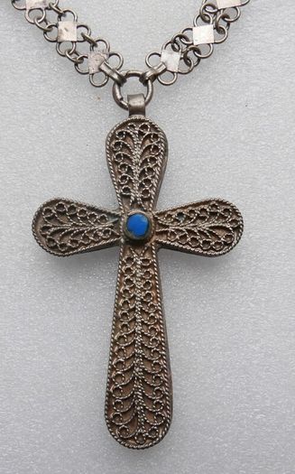 Vintage Turquoise  Large 4" Cross Pendant and unusual Chain length 34"