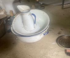 vintage Vintage White & Blue Enamel Wash Basin Bowls and Jug Set