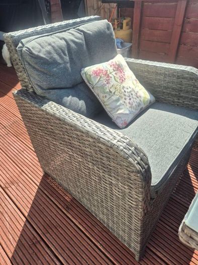 garden table, chairs and stools.