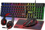 Gaming Keyboard and Mouse Set with Headset, UK Layout, RGB Backlit Wired Keyboard, Ergonomic 4-Color LED Gaming Mouse, Over-Ear Headphones, Large Mousepad, USB Plug &amp; Play for PC Mac PS5 Xbox