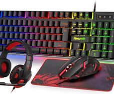 Gaming Keyboard and Mouse Set with Headset, UK Layout, RGB Backlit Wired Keyboard, Ergonomic 4-Color LED Gaming Mouse, Over-Ear Headphones, Large Mousepad, USB Plug & Play for PC Mac PS5 Xbox
