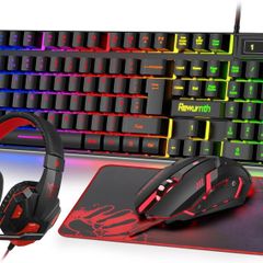 Gaming Keyboard and Mouse Set with Headset, UK Layout, RGB Backlit Wired Keyboard, Ergonomic 4-Color LED Gaming Mouse, Over-Ear Headphones, Large Mousepad, USB Plug & Play for PC Mac PS5 Xbox